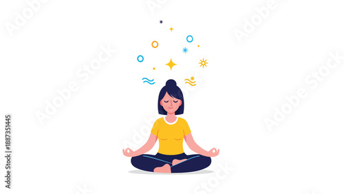 Woman in Lotus Position Meditating with Abstract Shapes Above Head
