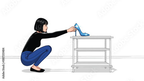 Woman Placing Stylish Blue Shoe on Shelf - Fashion Illustration