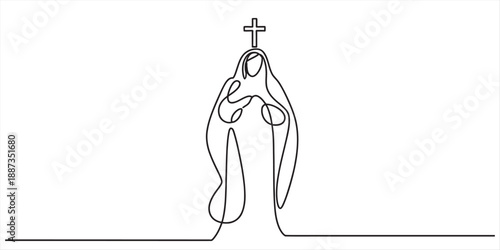Continuous line drawing of virgin mary with a cross, symbolizing faith and devotion
