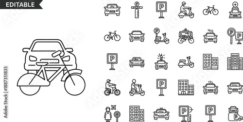Black and white line of various transportation including cars bicycles scooters and parking signs