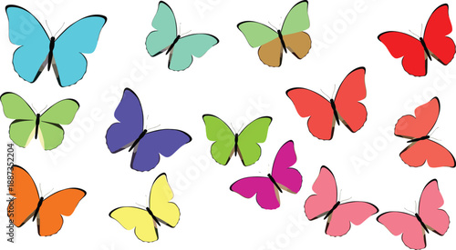 Colorful butterflies collection, vibrant insect silhouettes, multicolored butterfly set, nature design elements, decorative wings, spring theme, vector illustration, isolated, white background
