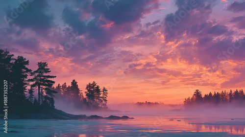 a breathtaking sunset over the lake, with vibrant hues of pink and purple painting the sky above the pine trees.