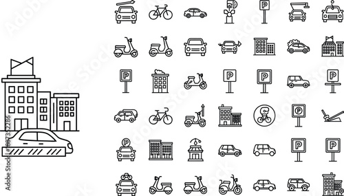 Black and white of city transportation and buildings with parking signs cars