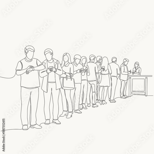 Single Line Art of People Waiting in a Queue, Distracted by Smartphones and Mobile Technology