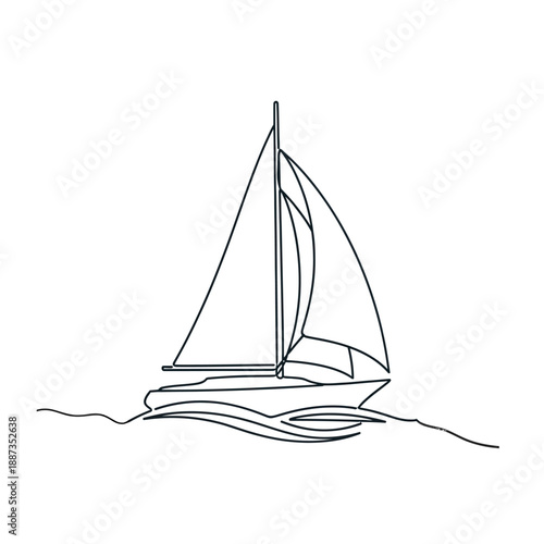 Single Line Drawing of a Yacht Sailing on Ocean Waves Minimalist Sailboat Sketch