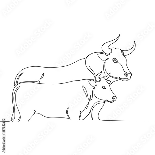 Continuous Line Art Drawing of a Bull and a Cow Together, Single Line Vector Illustration of Cattle