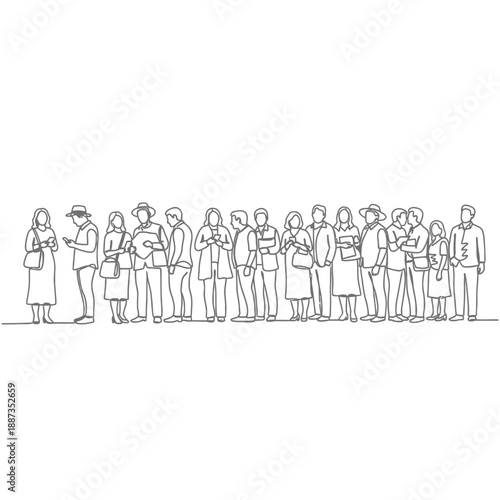 Continuous line art illustration of diverse people standing in a long queue or waiting line