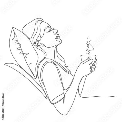 Continuous line art of a relaxed woman holding a steaming cup of coffee in bed