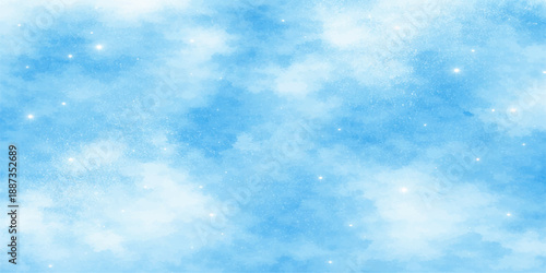 Beautiful blue winter sky background with fluffy white cumulus clouds and natural light in a clear summer atmosphere