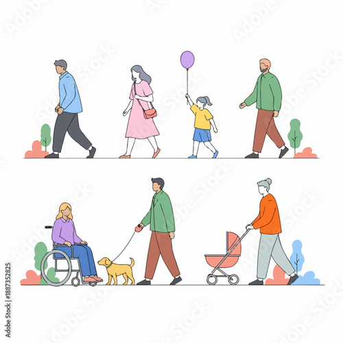 Set of diverse people walking outdoors, including parents, disabled person, and dog walkers, showcasing urban life and community diversity.