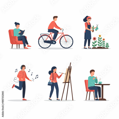 People engaging in diverse hobbies and leisure activities for relaxation, including reading, biking, gardening, painting, and enjoying coffee.