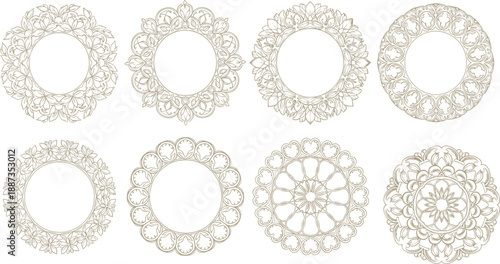 Islamic mandala frame set, ornate circular designs, floral lace patterns, decorative elements for crafts, flat vector illustration