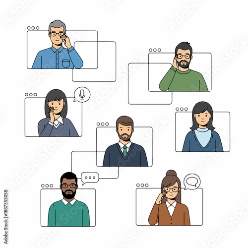 Diverse team members participating in a virtual meeting or teleconference via video call screens, demonstrating remote business collaboration.