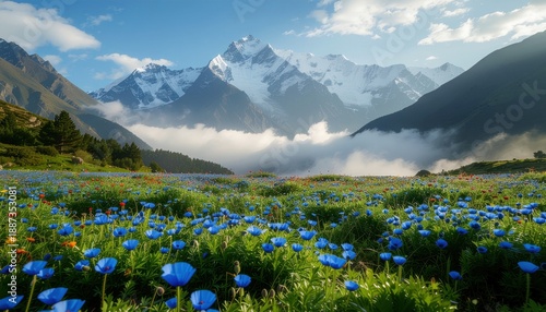 Vibrant blue flowers in mountain landscape.