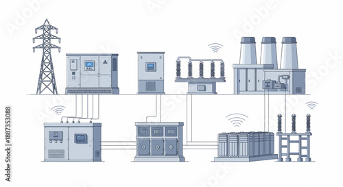 Illustration of a smart grid system with various components including a power pylon, substations, battery storage, and a power plant.