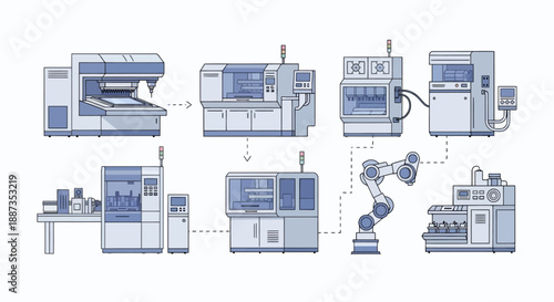 Illustration of a modern automated manufacturing production line with various machines and a robotic arm.