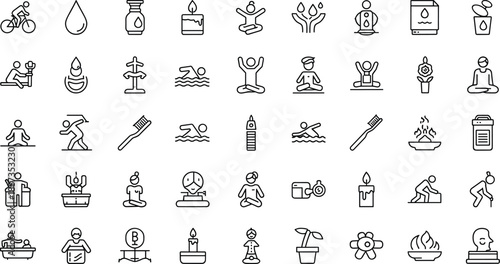 Black line of people exercising and hygiene on white background line black and white fitness