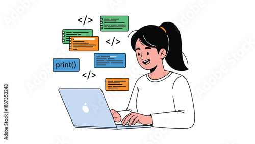 Woman Coding on Laptop with Floating Code Snippets Illustration