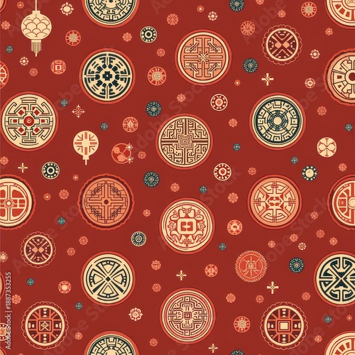 Red Background with Geometric Patterns and Circular Designs