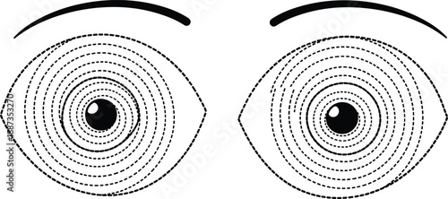 Abstract dotted eyes with concentric circles optical illusion vision focus symbol minimalist black vector illustration isolated design