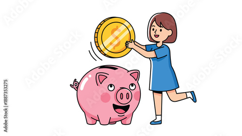 Girl Saving Money in Piggy Bank, Cartoon Illustration