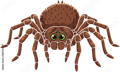 Cute brown fluffy tarantula spider cartoon character with big green eyes isolated vector illustration for kids halloween wildlife nature design
