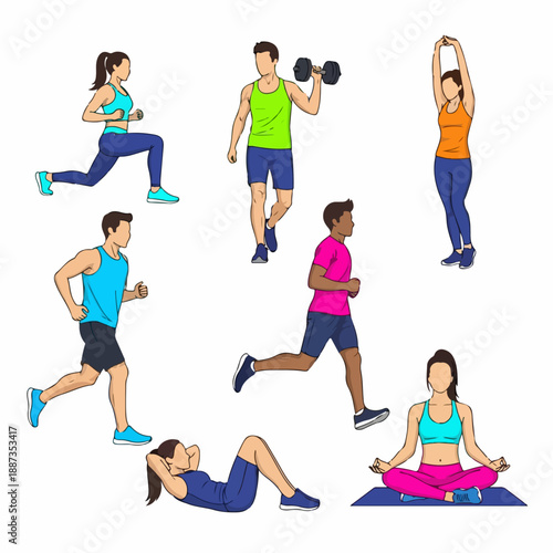 Diverse group of people performing various fitness and gym exercises, including running, lifting, stretching, and yoga, isolated vector illustration on white.