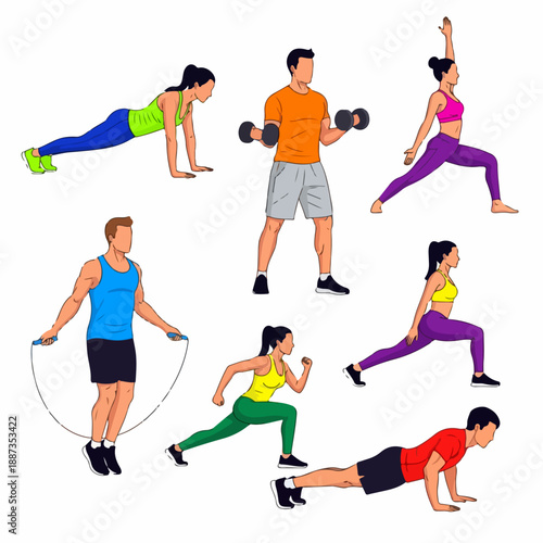 Colorful vector set of diverse people doing seven different fitness and workout exercises: yoga, weightlifting, cardio, push-ups, and lunges.