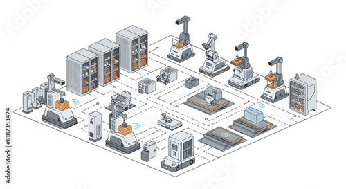 An isometric illustration depicting a smart factory with automated robots, robotic arms, automated guided vehicles, and storage systems, showcasing advanced industrial automation and logistics.