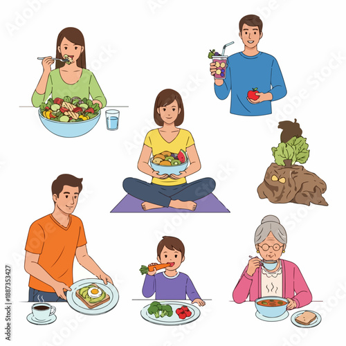 Diverse people of all ages enjoying various healthy and nutritious meals and snacks, promoting wellness.