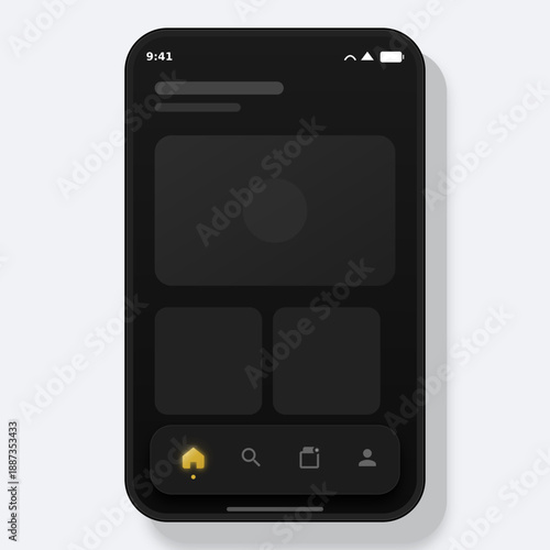 Modern Smartphone App Interface Mockup with Dark Mode UI Design and Golden Home Navigation Icon
