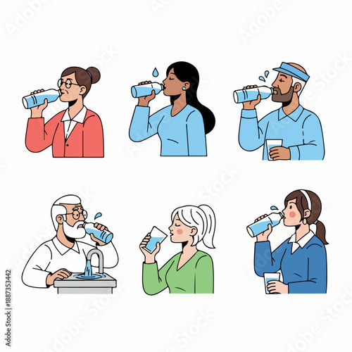 Diverse group of men and women, young and old, hydrating with water from bottles, glasses, and a tap, illustrating health and refreshment.