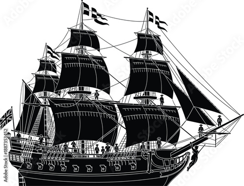 Historic sailing ship silhouette vector illustration tall pirate galleon vintage maritime vessel nautical sea adventure transport black design