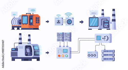 Illustration of smart factory automation and digital transformation in industrial manufacturing processes.