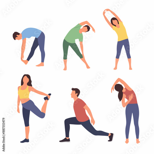 Flat vector illustration set of people performing stretching, warm-up, and fitness exercises, including side bends, lunges, and quad stretches.