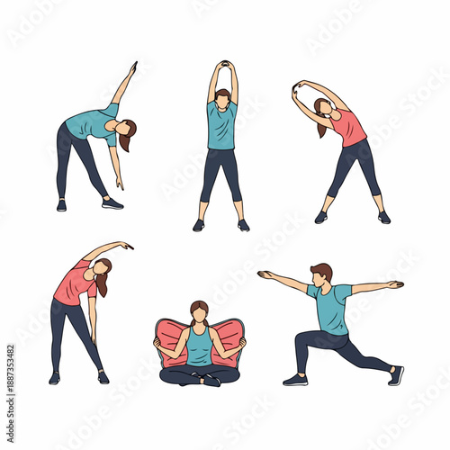 Workout and stretching poses vector illustration set featuring man and woman doing fitness, yoga, and warm-up exercises.