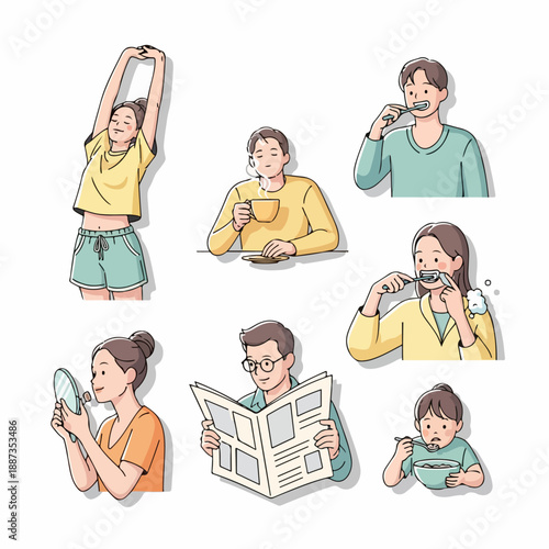 Collection of seven illustrations depicting various morning routine activities like stretching, drinking coffee, brushing teeth, reading the newspaper, and eating breakfast.