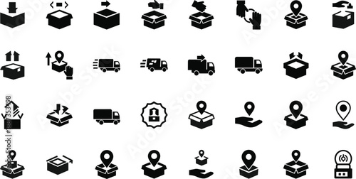 Black of boxes trucks and location markers on white