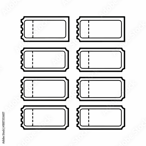 Outline vector icon set of eight blank cinema, concert, or raffle tickets with perforated stubs for events, entertainment, or admission.
