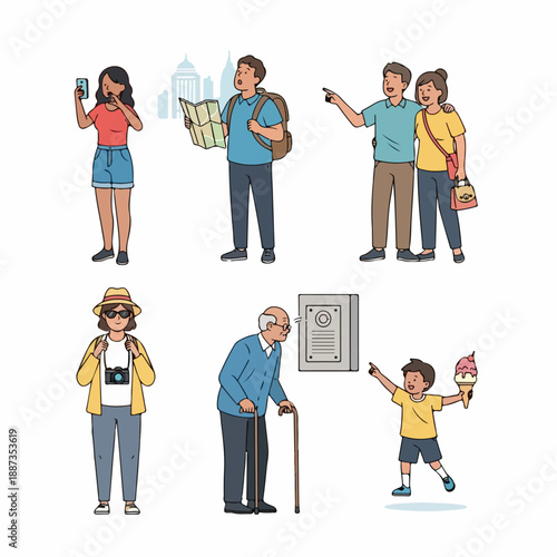 Collection of diverse travelers, including couples, backpackers, photographers, elderly people, and children, sightseeing and enjoying a city trip.