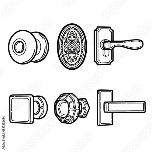 Black and white line art collection featuring different styles of door handles, knobs, and decorative hardware for interior design and architecture concepts.