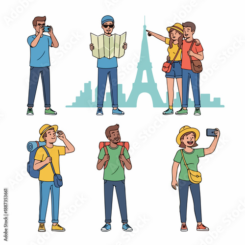 Diverse group of tourists enjoying vacation activities like sightseeing, taking selfies, reading maps, and backpacking near a famous city landmark.