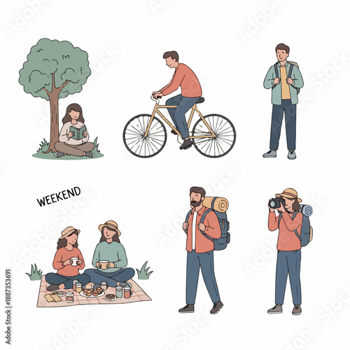 Vector illustration set of people enjoying weekend outdoor leisure activities: cycling, reading under a tree, hiking, and having a picnic.
