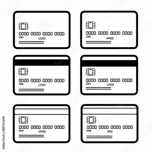 Black and white outline icons of six credit and debit cards, featuring EMV chips, magnetic strips, and numbered details for finance and payment concepts.