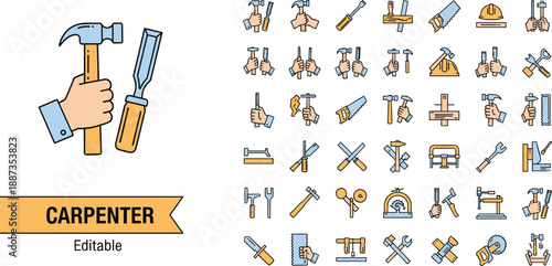 Carpenter tools set with hand holding hammer and screwdriver