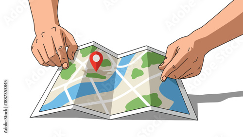 Destination Found: Hands Holding Folded Map with Location Pin, Illustration