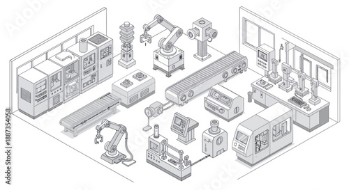 Isometric illustration of an automated factory assembly line with robotic arms, conveyor belts, and control panels.