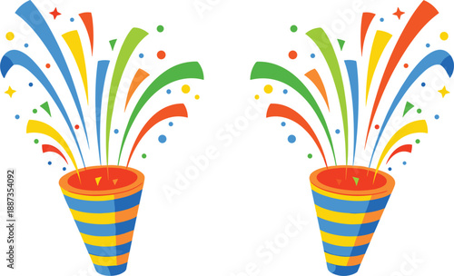 Colorful party poppers with rainbow streamers and confetti