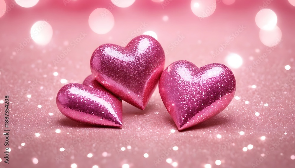 Obraz premium Sparkling pink hearts on a glitter background with beautiful bokeh lights for love and celebration
