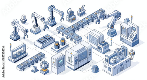 Isometric illustration of an automated factory assembly line with robotic arms, conveyor belts, and machinery, showcasing modern industrial production processes.